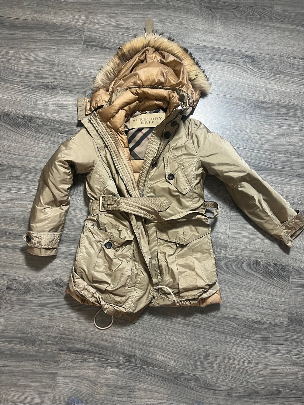 3-in 1 Burberry Beige/Tan Quilted Hooded Belted Parka with Faux Fur Trim - Picture 2 of 16